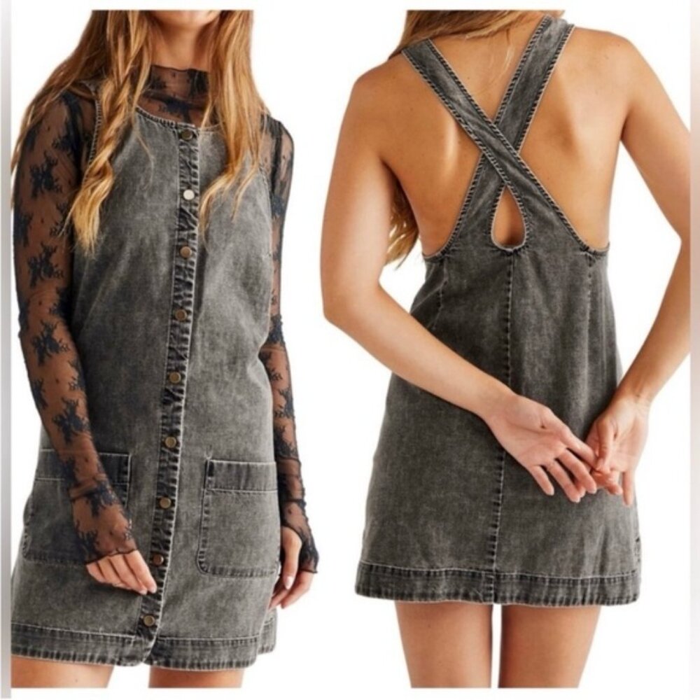 Free People Washed Black Denim Button-Front Mini Dress - Picture 4 of 8